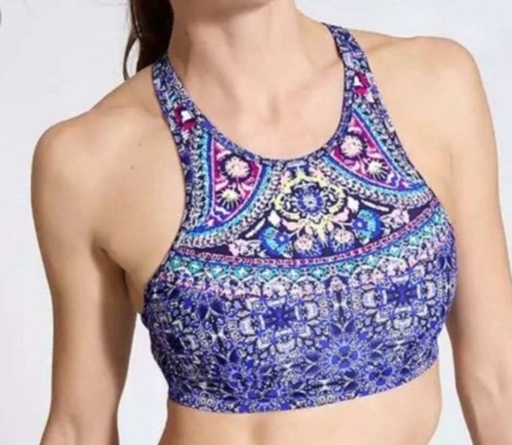 Athleta Size 32D/DD Blue Baja Bra High Neck Bikini Top Criss Cross Underwire